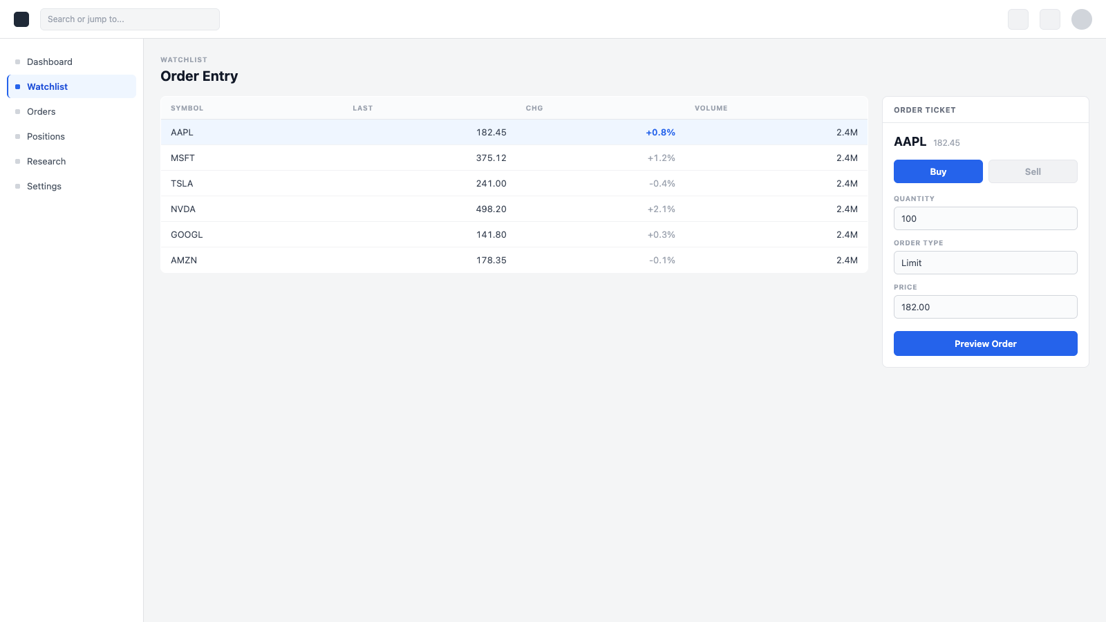 Order ticket panel over the watchlist, with Buy/Sell, quantity, and price fields